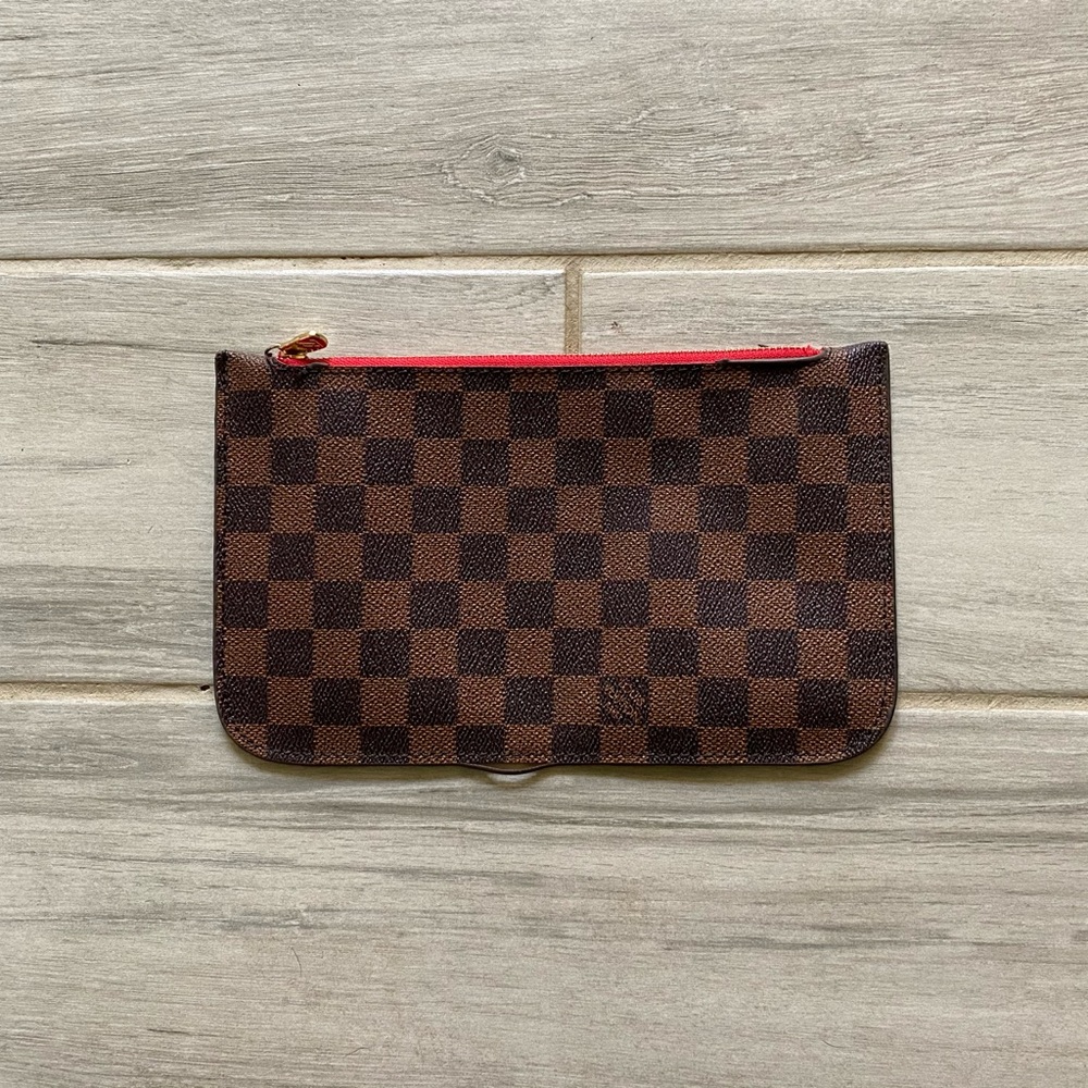 Brown checkered monogram wristlet wallet